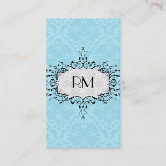 Elegante zwart wit en blauw  damast visitekaartje (Voorkant)