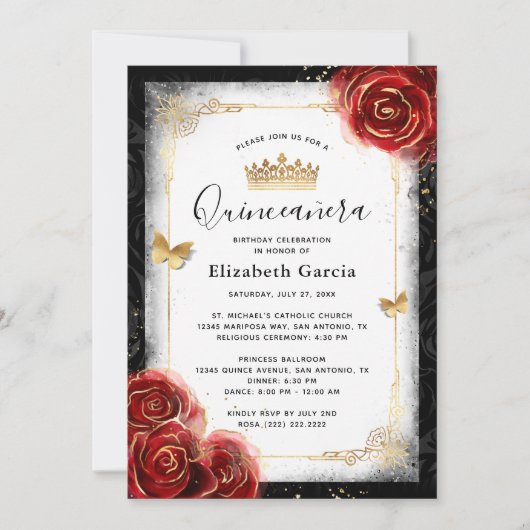 Elegante zwart-wit en rode Quinceanera Kaart (Voorkant)