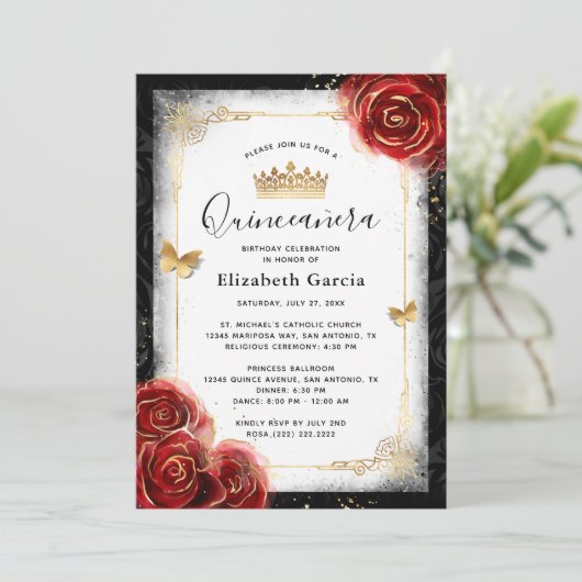 Elegante zwart-wit en rode Quinceanera Kaart (Staand voorkant)