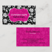 Elegante zwart wit en roze bloemdamast visitekaartje (Voorkant / Achterkant)