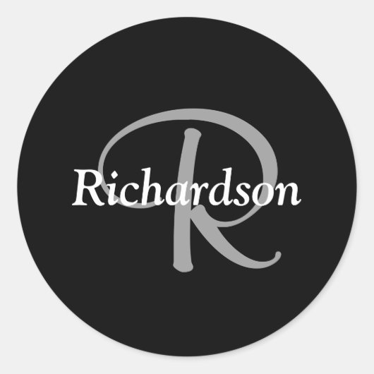 Elegante Zwart Wit en Zilveren Grijs Monogram Ronde Sticker (Voorkant)