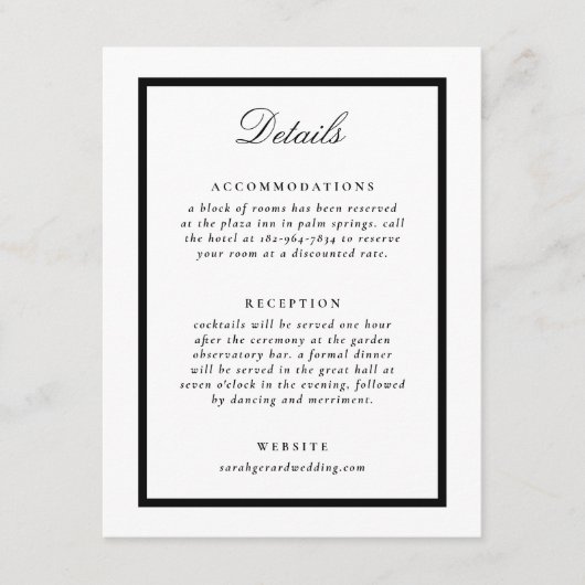 Elegante zwart-wit formele bruiloft details informatiekaartje (Voorkant)
