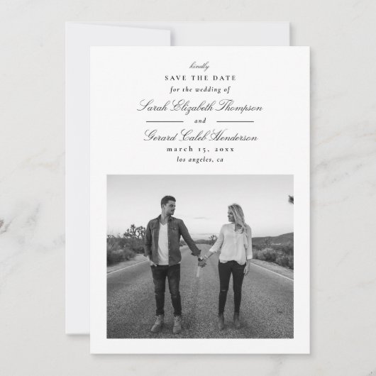 Elegante zwart-wit formele kalligrafie save the date (Voorkant)