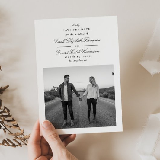 Elegante zwart-wit formele kalligrafie save the date