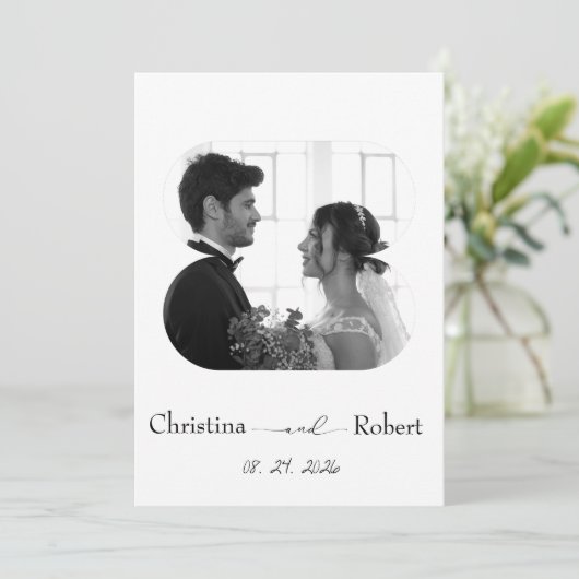 Elegante zwart-wit foto bruiloft kaart (Staand voorkant)