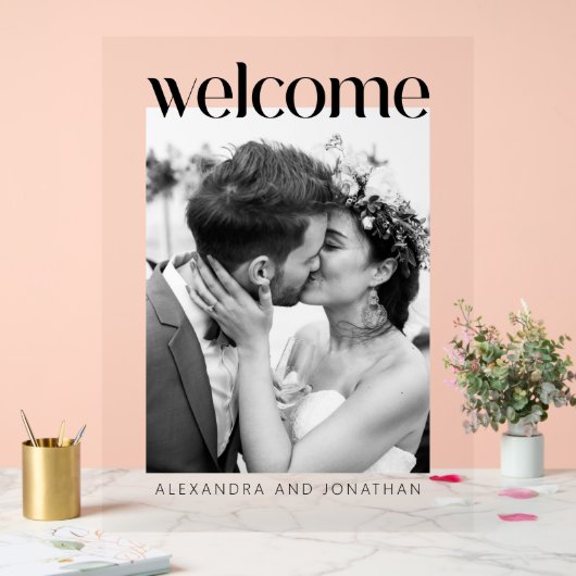 Elegante zwart-wit foto bruiloft Welkom Acryl Bord (Huwelijk)