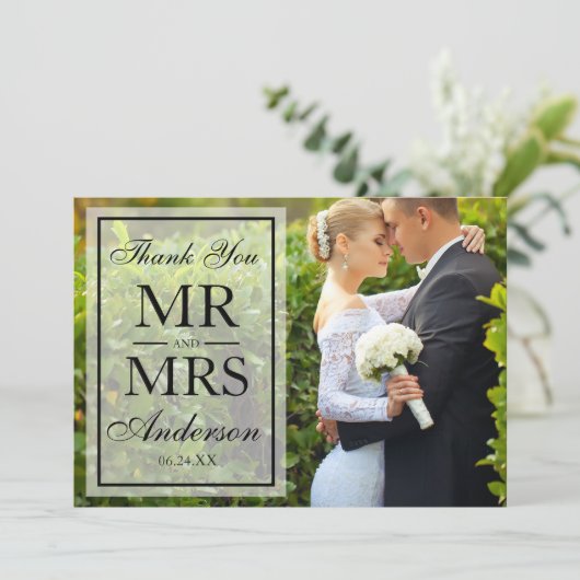 Elegante zwart-wit foto dank u bruiloft bedankkaart (Staand voorkant)