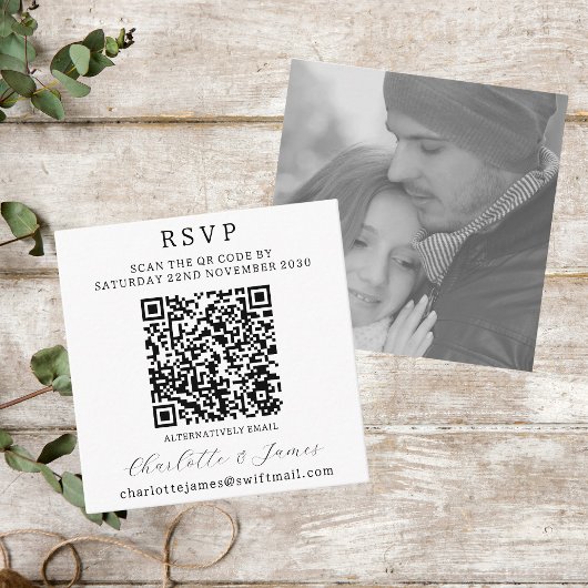 Elegante zwart-wit foto QR code RSVP Informatiekaartje
