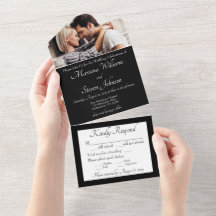 Elegante zwart-wit foto trouwuitnodiging