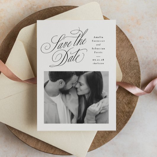 Elegante zwart-wit foto van het huwelijk save the date