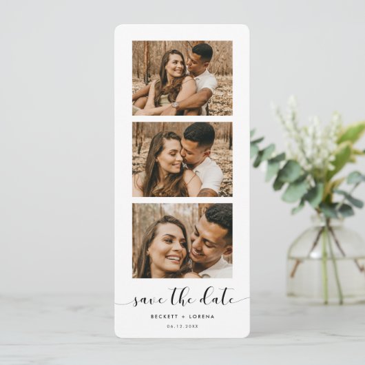 Elegante zwart-wit Fotostrip Sla de datum op Aankondiging (Staand voorkant)