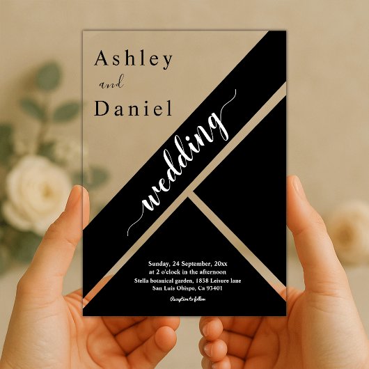 Elegante zwart-wit geometrische moderne bruiloft acryl uitnodigingen