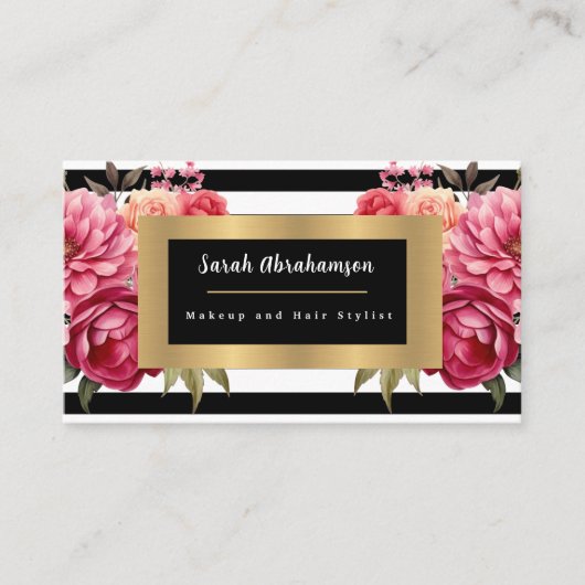 Elegante zwart-wit gestreepte bloem visitekaartje (Voorkant)