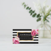 Elegante zwart-wit gestreepte bloemen visitekaartje (Staand voorkant)