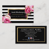 Elegante zwart-wit gestreepte bloemen visitekaartje (Voorkant / Achterkant)