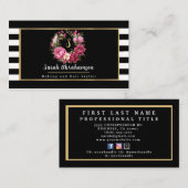 Elegante zwart-wit gestreepte bloemmotief visitekaartje (Voorkant / Achterkant)