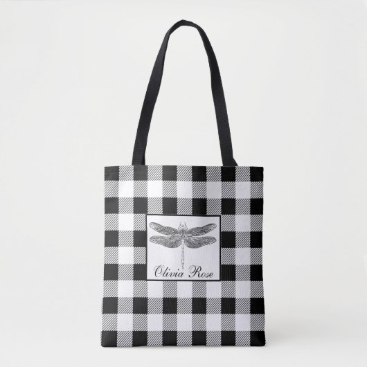 Elegante zwart-wit gingham libel tote bag (Voorkant)