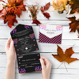 Elegante zwart-wit Glowy bladeren herfst bruiloft All In One Uitnodiging