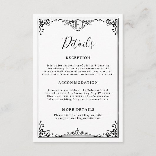 Elegante zwart-wit gotische bruiloft details informatiekaartje (Voorkant)