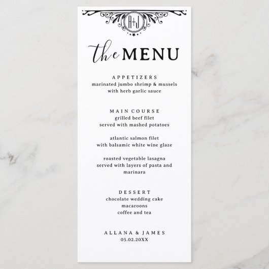 Elegante zwart-wit gotische monogram bruiloft menu (Voorkant)