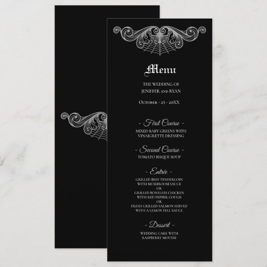Elegante zwart-wit gotische trouwmenu menu (Voorkant / Achterkant)