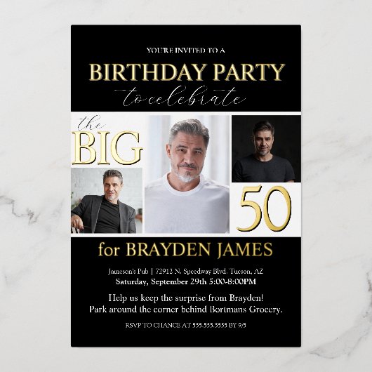 Elegante zwart wit goud 50e verjaardag uitnodiging (Voorkant)