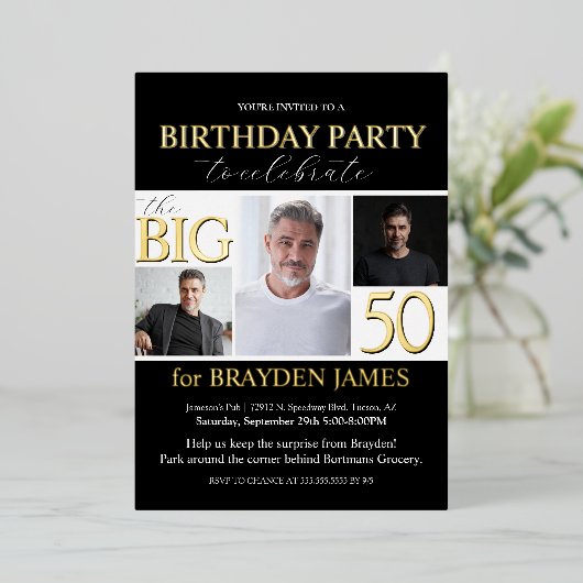 Elegante zwart wit goud 50e verjaardag uitnodiging (Staand Voorkant)
