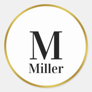 Elegante Zwart Wit Goud Initiaal Monogram Naam Ronde Sticker
