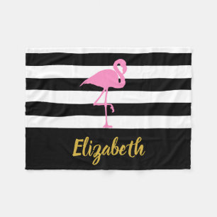 Elegante Zwart Wit Goud Roze Flamingo Script Naam Fleece Deken