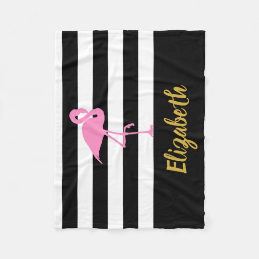 Elegante Zwart Wit Goud Roze Flamingo Script Naam Fleece Deken (Voorkant)