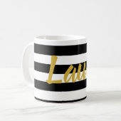 Elegante Zwart Wit Goud Script Naam met Strepen Koffiemok (Voorkant links)