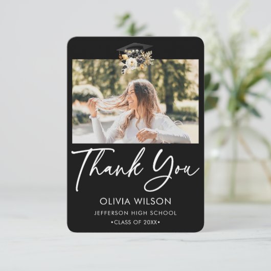 Elegante zwart wit gouden bloem Afstuderen foto Bedankkaart (Staand voorkant)