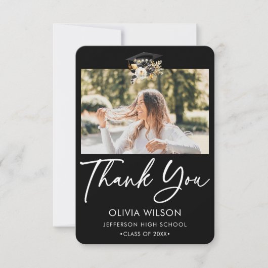 Elegante zwart wit gouden bloem Afstuderen foto Bedankkaart (Voorkant)