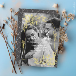 Elegante Zwart & Wit Gouden Custom Photo Wedding Kaart