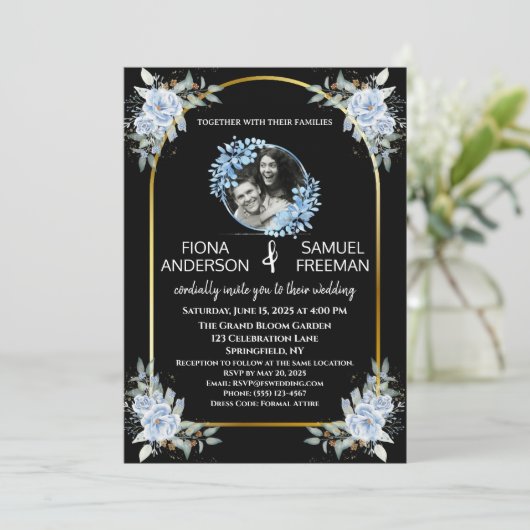 Elegante zwart-wit gouden foto bruiloft kaart (Staand voorkant)