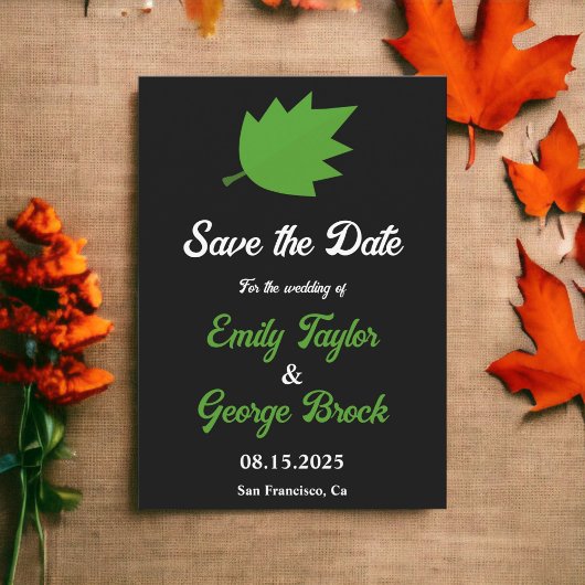 Elegante zwart-wit groene bladeren herfst bruiloft save the date