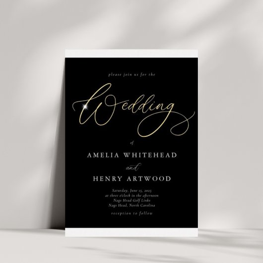 Elegante zwart-wit kalligrafie bruiloft goud folie uitnodiging