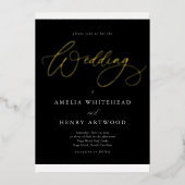 Elegante zwart-wit kalligrafie bruiloft goud folie uitnodiging (Voorkant)