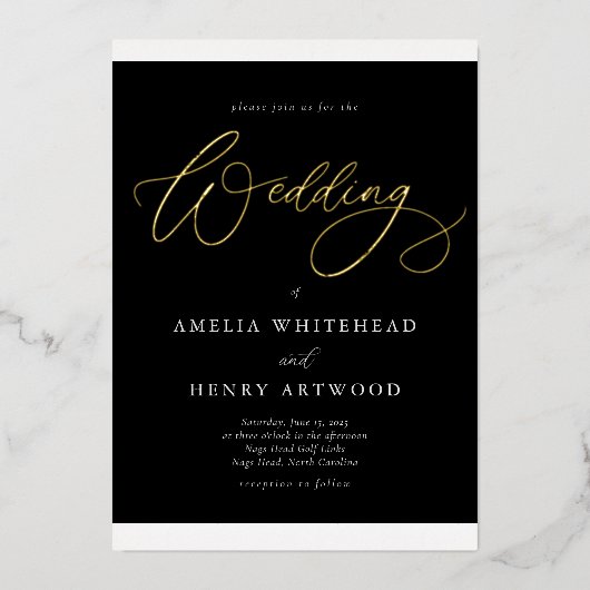 Elegante zwart-wit kalligrafie bruiloft goud folie uitnodiging (Voorkant)