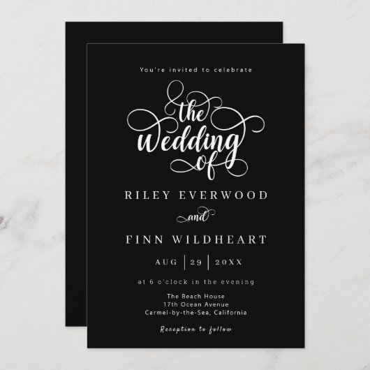 Elegante zwart-wit kalligrafie bruiloft kaart (Voorkant / Achterkant)