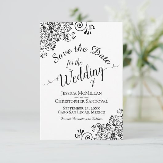 Elegante zwart-wit kalligrafie bruiloft save the date (Staand voorkant)