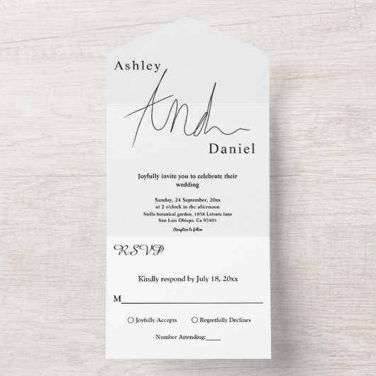 Elegante zwart-wit kalligrafie eenvoudige bruiloft all in one uitnodiging (Binnen)