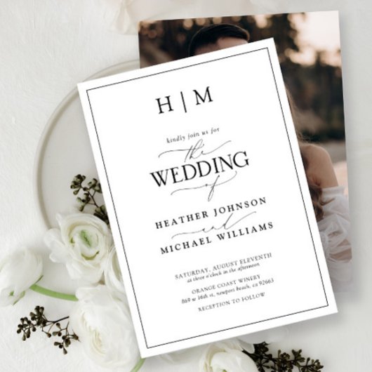 Elegante zwart-wit kalligrafie monogram foto kaart