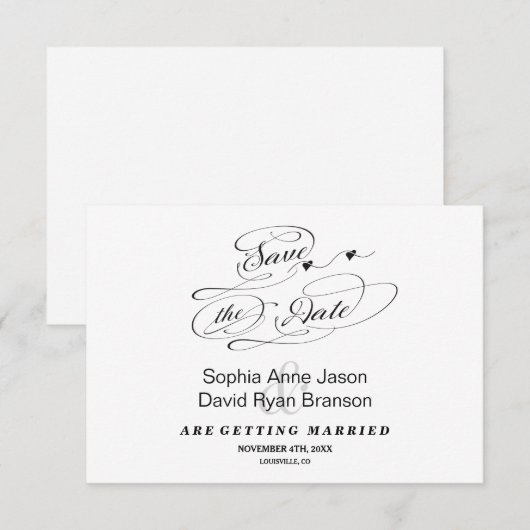 Elegante zwart-wit kalligrafie Save The Date (Voorkant / Achterkant)