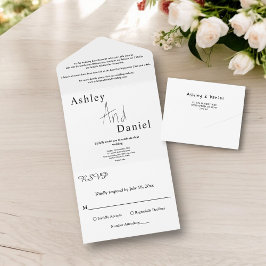 Elegante zwart-wit kalligrafie script bruiloft all in one uitnodiging