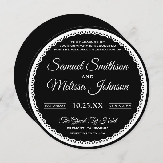 Elegante Zwart-Wit Kant Bruiloft Uitnodiging (Voorkant / Achterkant)