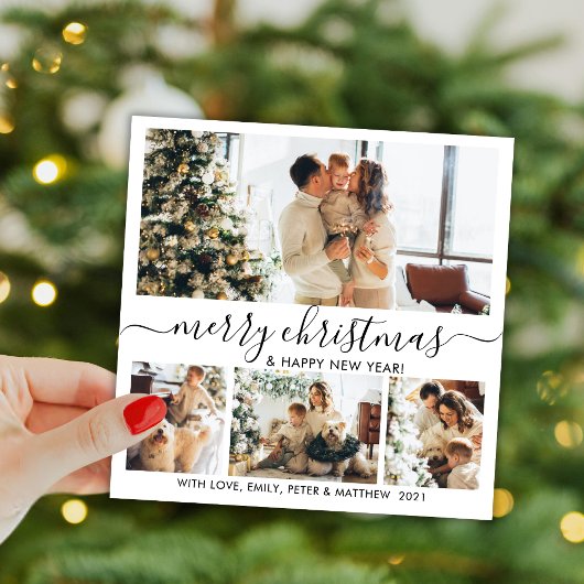 Elegante zwart-wit kerstfoto collage met 4 foto's feestdagenkaart
