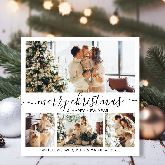 Elegante zwart-wit kerstfoto collage met 4 foto's feestdagenkaart