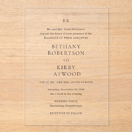 Elegante zwart-wit klassieke bruiloft acryl uitnodigingen (Voorkant)