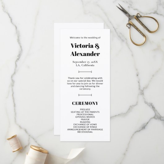 Elegante zwart-wit klassieke bruiloft programmakaart (Voorkant / Achterkant in situ)